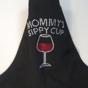 Mommy's Sippy Cup Bling Wineglass Apron Black With Red White Rhinestone Crystals